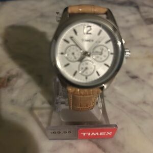Timex Silver Watch with Brown Strap